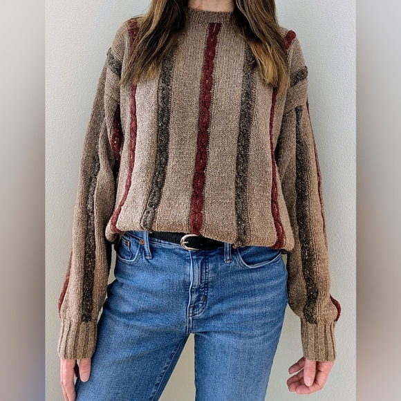Vintage Sweaters - Vintage Neutral Striped Cable Stitch Oversized Crewneck Sweater In Tan/Burgundy